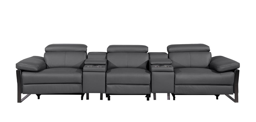 DivanItalia 1246 Modular Power Triple Reclining Dual Console Sofa with Power Reclining Headrests – Top Grain Italian Leather - Dark Gray