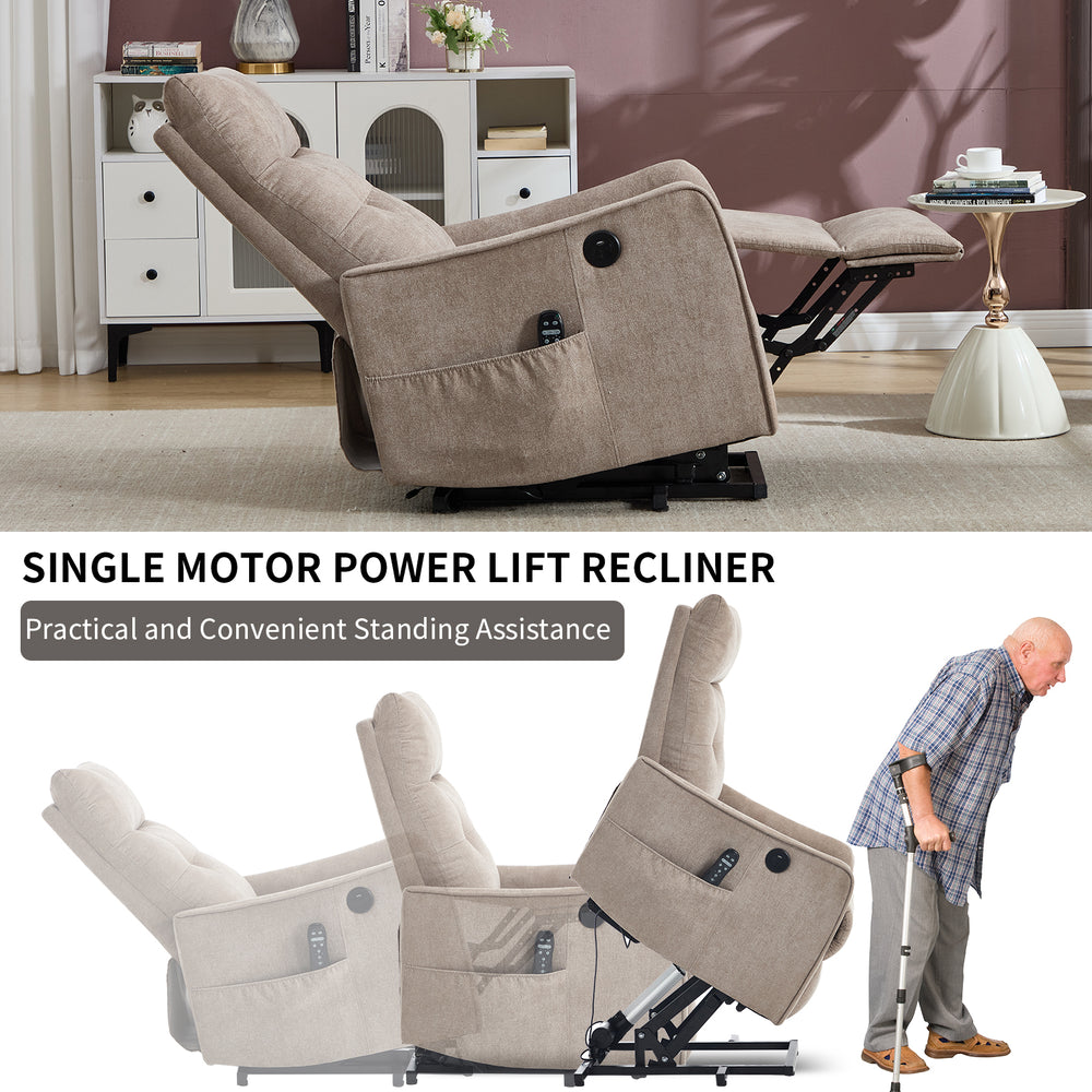 Khaki Power Lift Recliner Chair with Heat, Massage, USB Charging & Swivel for Elderly
