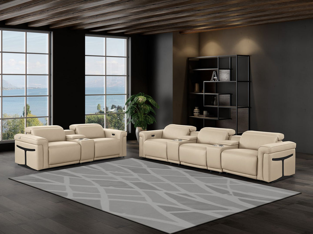 DivanItalia 1126 8-Piece Modular Power Reclining Sofa & Loveseat Set in Top Grain Italian Leather with 5 Power Recliners & Power Headrests - Beige