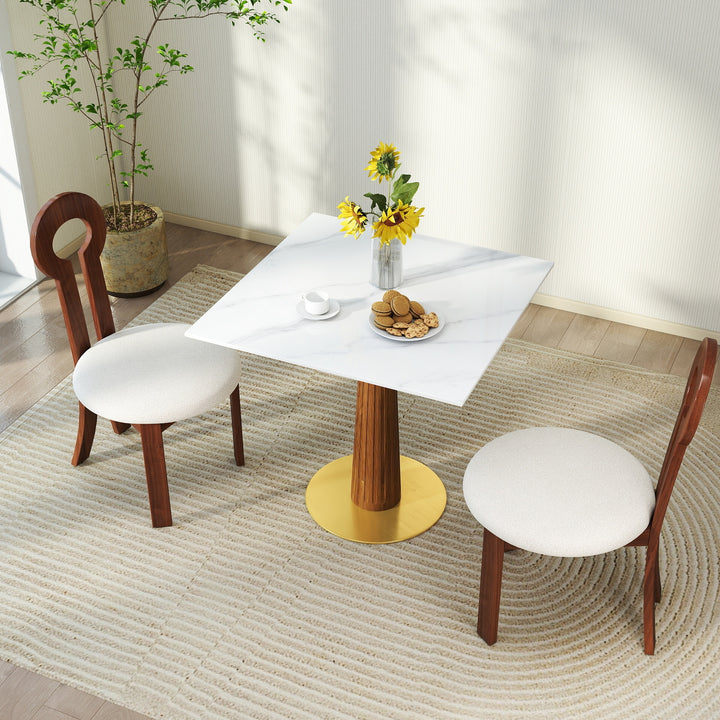 Modern Square Dining Table,  Wooden Leg & Gold Base, White-Brown