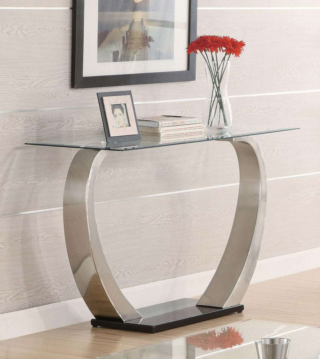 Coaster Furniture 701239 Pruitt Glass Top Metal Base Console Table Satin Silver