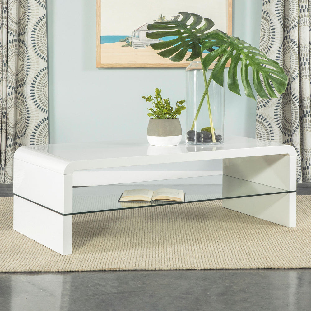 Coaster Furniture 703798 Airell Rectangular Coffee Table with Shelf White High Gloss