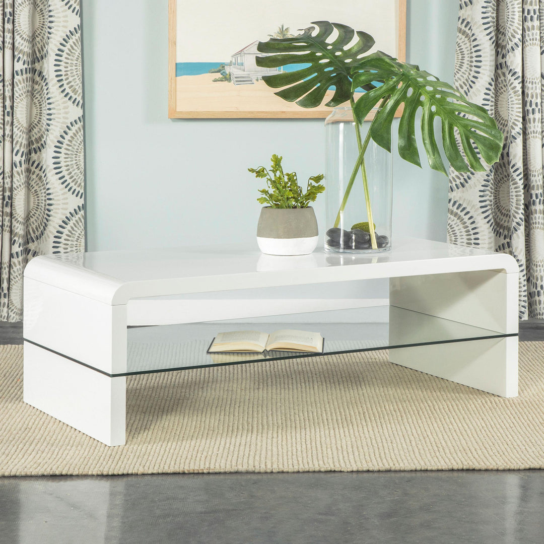 Coaster Furniture 703798 Airell Rectangular Coffee Table with Shelf White High Gloss