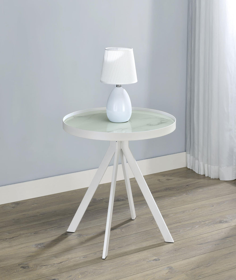 Coaster Furniture 706257 Briggs Round Marble Printed Glass Top End Side Table White