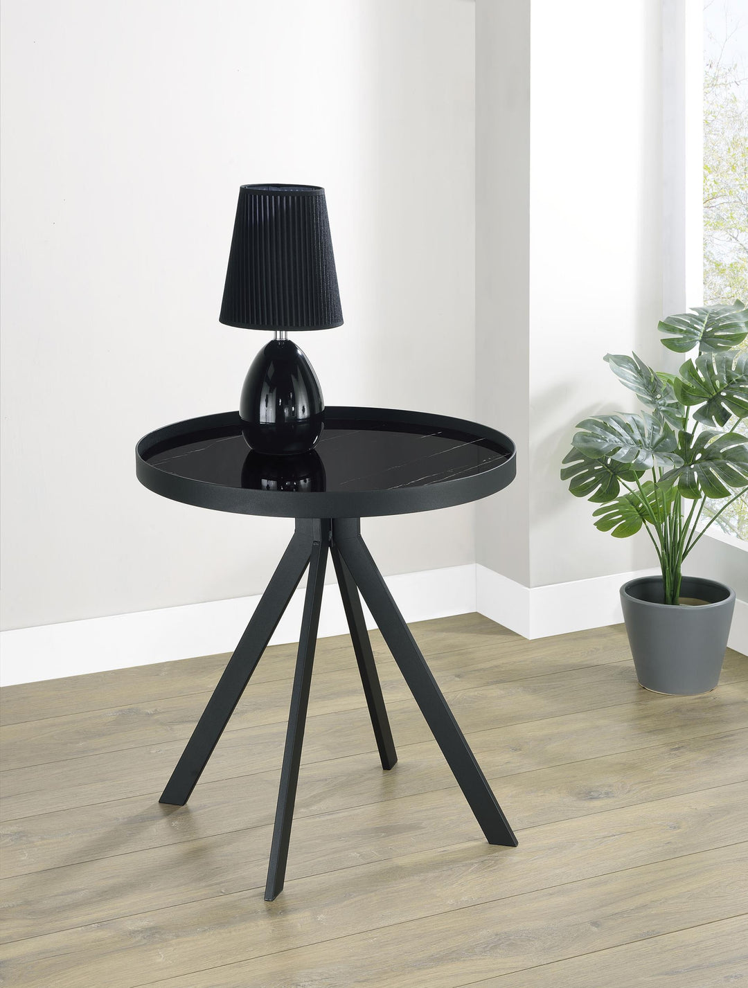 Coaster Furniture 706267 Briggs Round Marble Printed Glass Top End Table Black