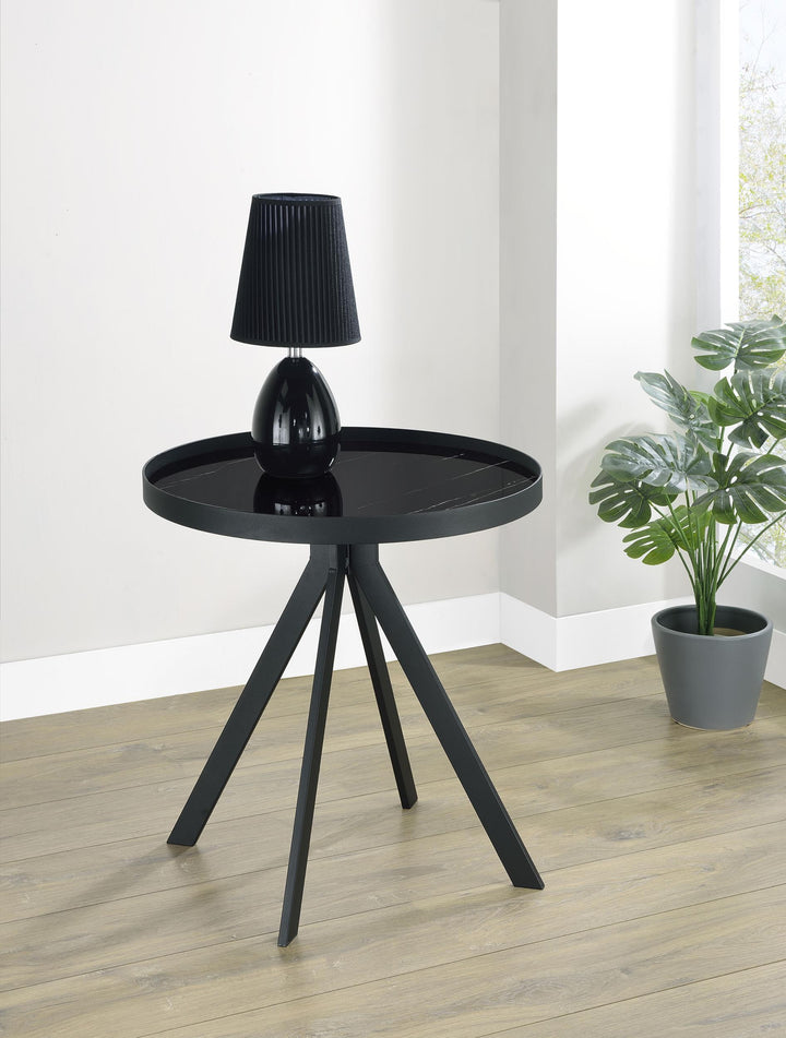Coaster Furniture 706267 Briggs Round Marble Printed Glass Top End Table Black