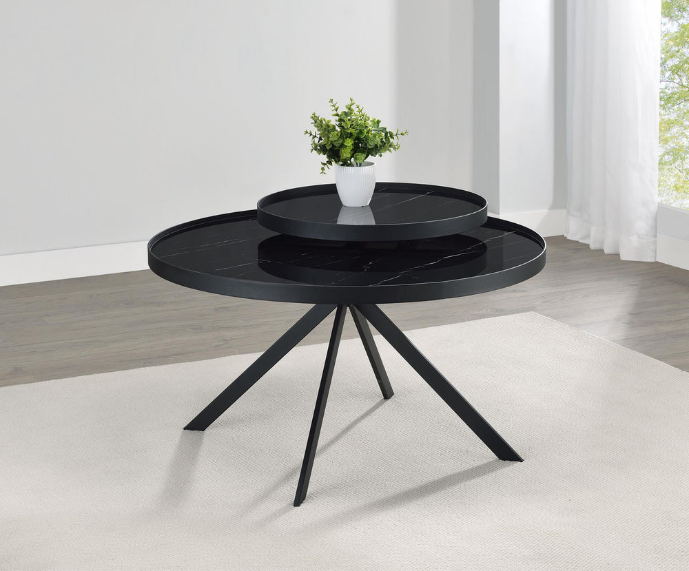 Coaster Furniture 706268 Briggs Round Marble Printed Glass Top Coffee Table Black