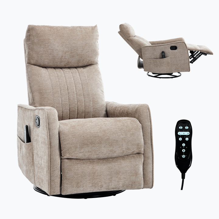 Khaki Heat &amp; Massage Manual Swivel Rocker Recliner Chair in Fabric