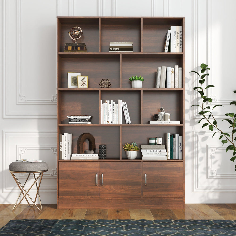 70.8" Walnut 4-Tier Bookshelf with 10 Cube Storage & Cabinet