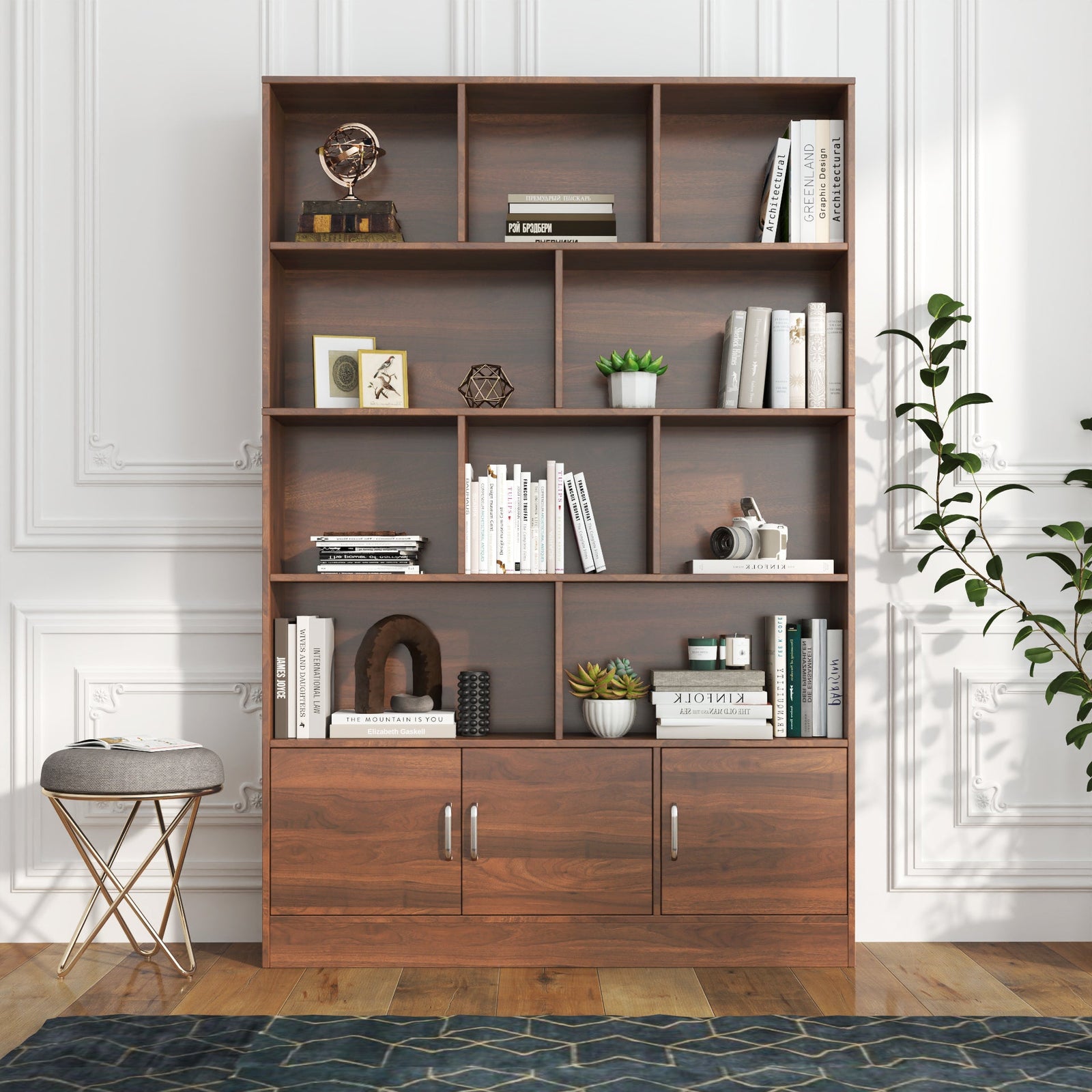 70.8" Walnut 4 - Tier Bookshelf with 10 Cube Storage & Cabinet Bookshelf modern furniture Contempo Furniture