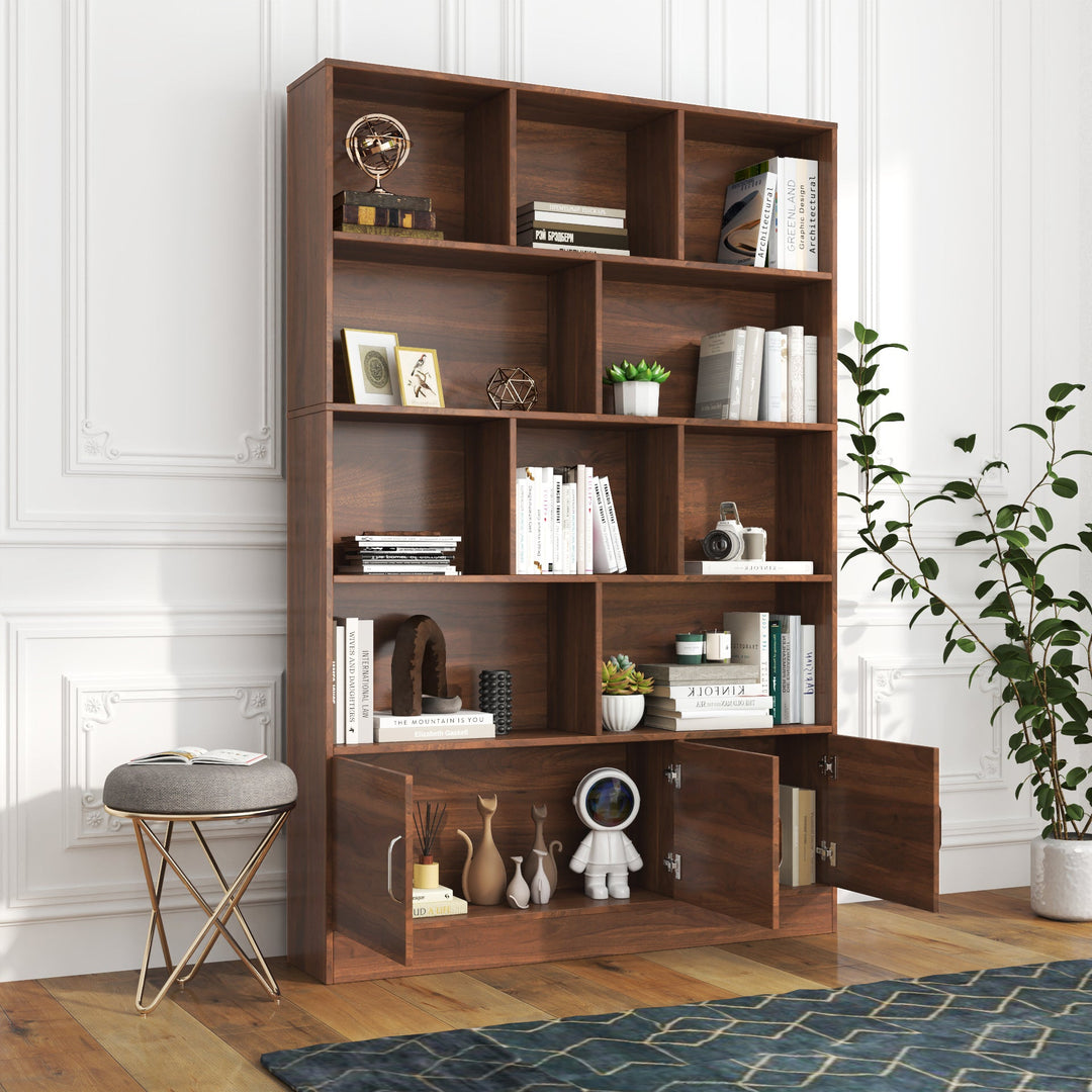 70.8" Walnut 4 - Tier Bookshelf with 10 Cube Storage & Cabinet Bookshelf modern furniture Contempo Furniture