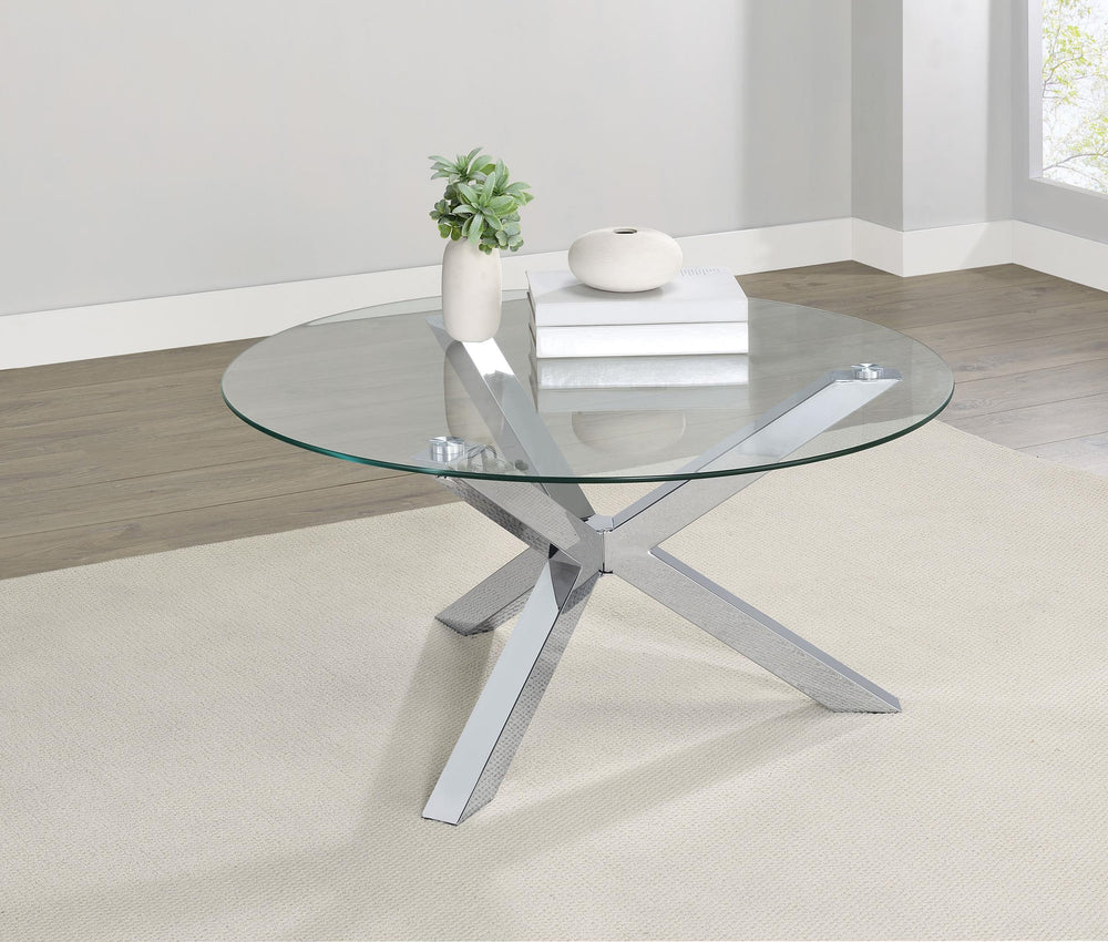 Coaster Furniture 708128 Kenzie Round Tempered Glass Top Cocktail Coffee Table Chrome