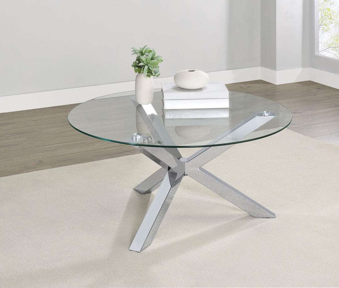 Coaster Furniture 708128 Kenzie Round Tempered Glass Top Cocktail Coffee Table Chrome
