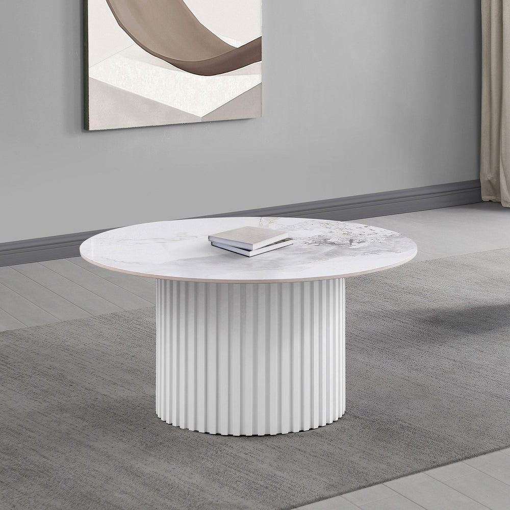 Coaster Furniture 708338 Rowena Round Sintered Stone Coffee Table White Faux Marble