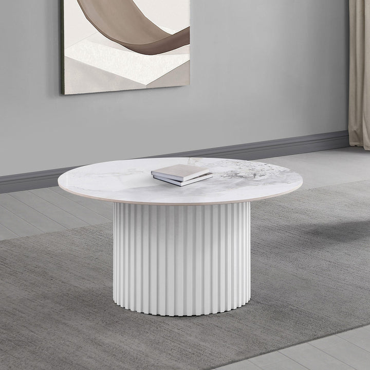 Coaster Furniture 708338 Rowena Round Sintered Stone Coffee Table White Faux Marble