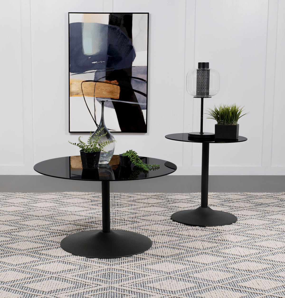 Ganso - 2 Piece Round Glass Top Coffee And End Table Set - Black
