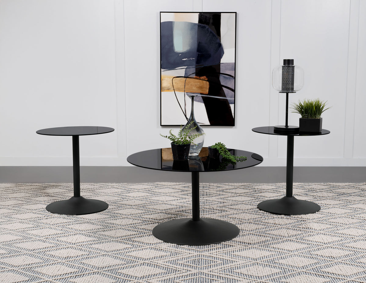 Ganso - 3 Piece Round Glass Top Coffee And End Table Set - Black
