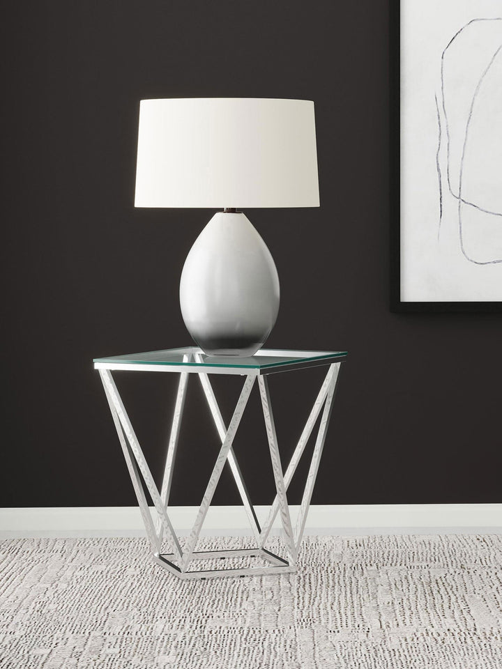 Coaster Furniture 709737 Brittania Square Glass Top Geometric End Table Nickel