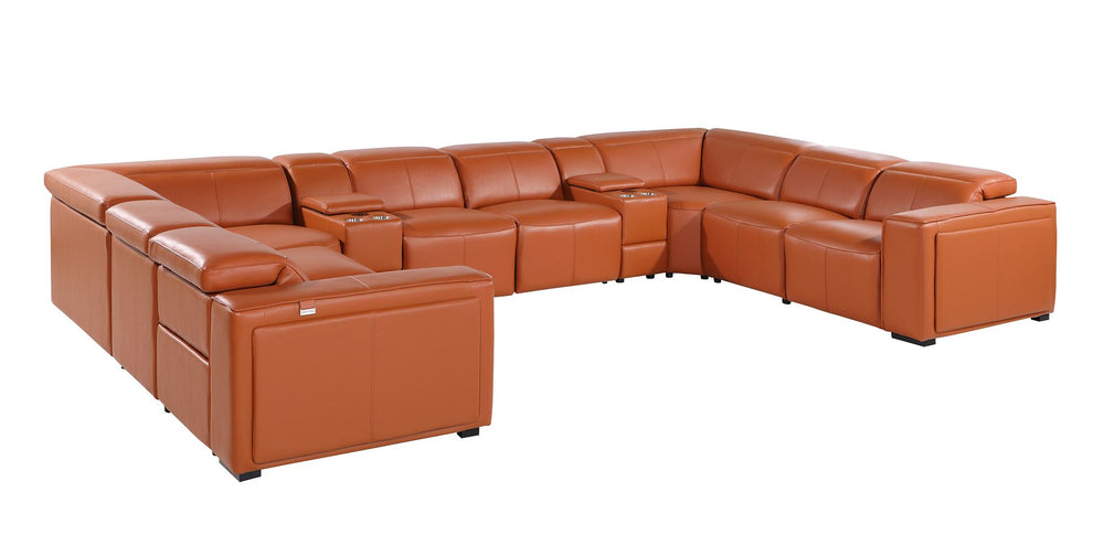 DivanItalia 1224 10-Piece U-Shaped Sectional Sofa in Top Grain Italian Leather with 4 Power Recliners & Power Headrests - Camel