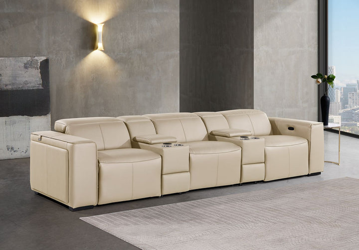 DivanItalia 1224 5-Piece Modular Power Reclining Sofa in Top Grain Italian Leather with 3 Power Recliners &amp; Power Headrests - Beige