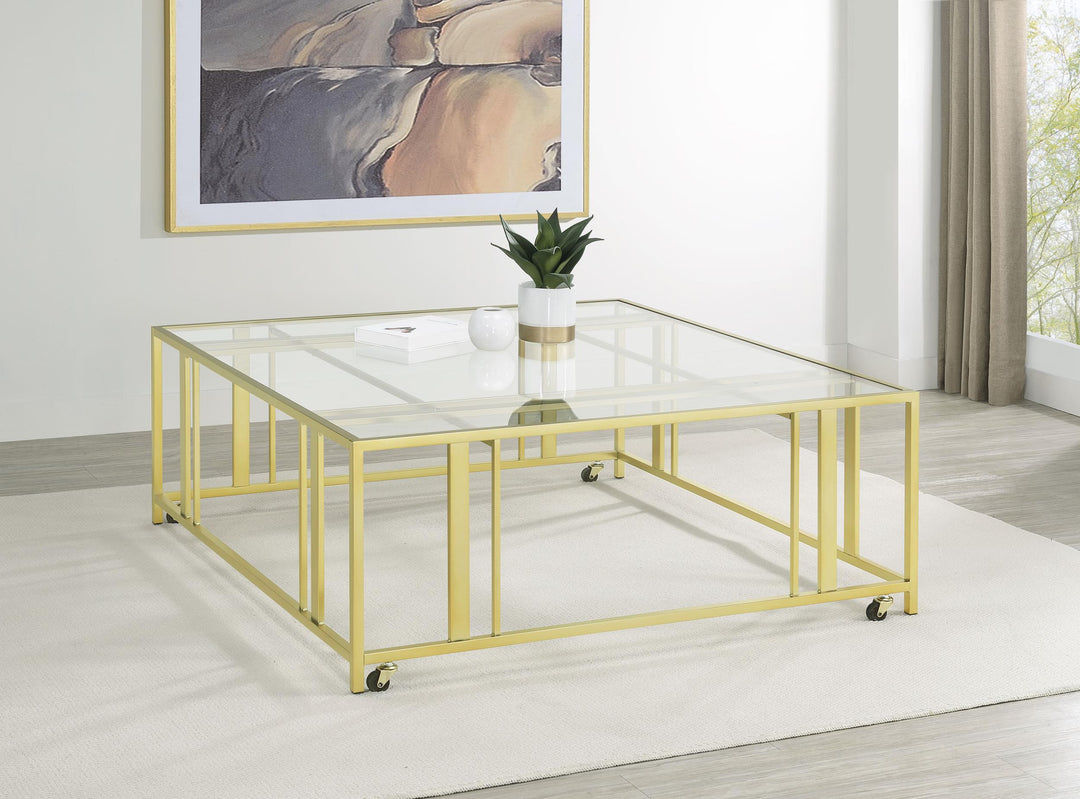 Coaster Furniture 710188 Adri Square Glass Top Coffee Table with Casters Matte Brass