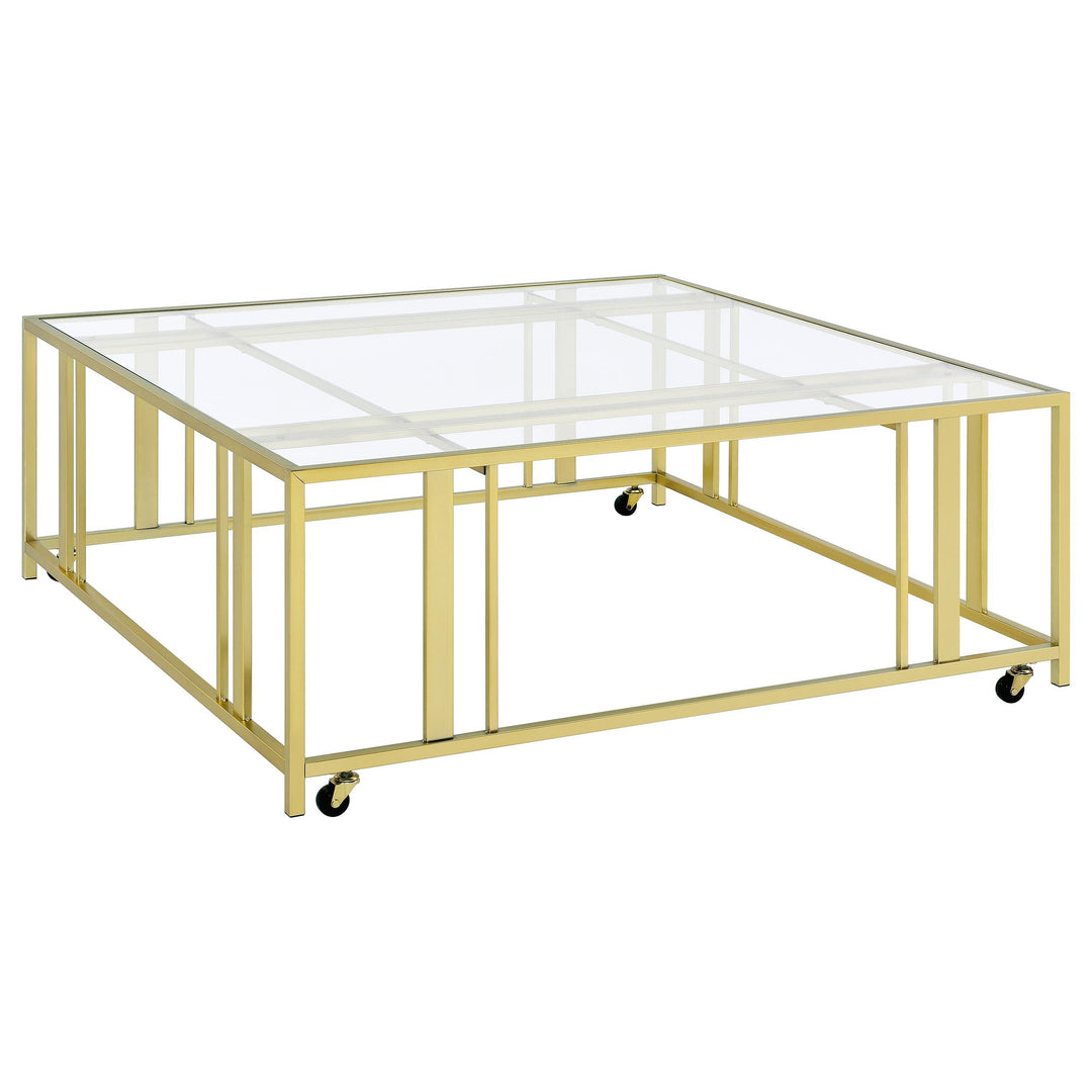 Coaster Furniture 710188 Adri Square Glass Top Coffee Table with Casters Matte Brass