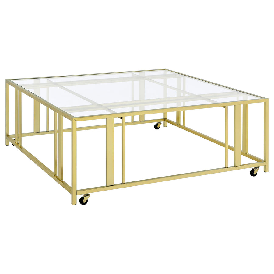 Coaster Furniture 710188 Adri Square Glass Top Coffee Table with Casters Matte Brass