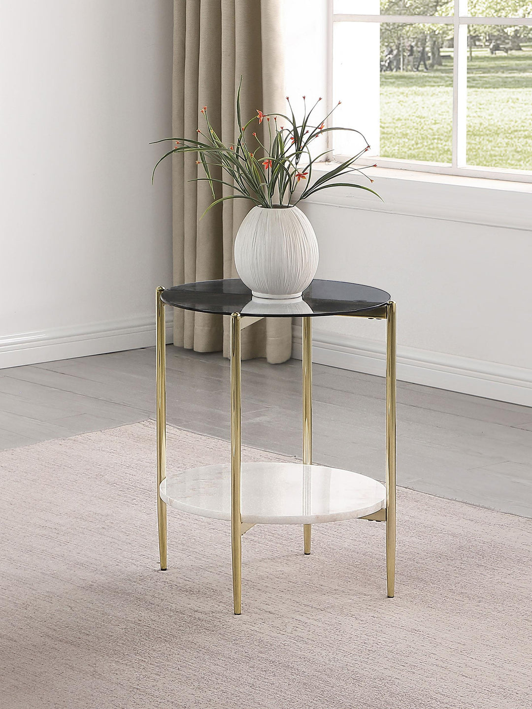 Coaster Furniture 710337 Jonelle Round Glass Top End Table White Marble Shelf Gold