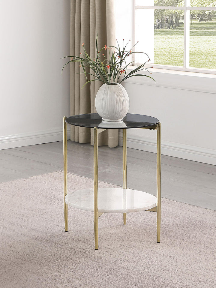 Coaster Furniture 710337 Jonelle Round Glass Top End Table White Marble Shelf Gold