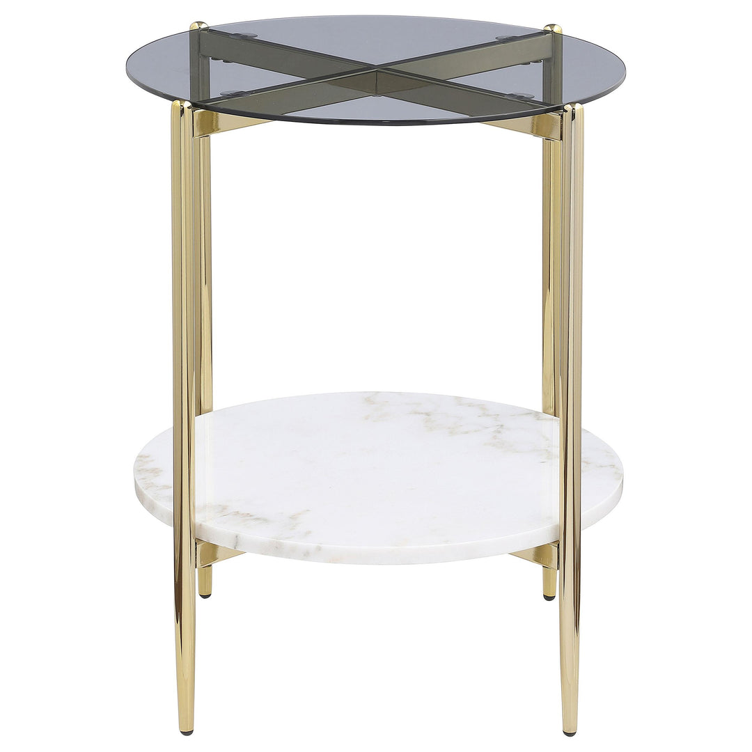 Coaster Furniture 710337 Jonelle Round Glass Top End Table White Marble Shelf Gold