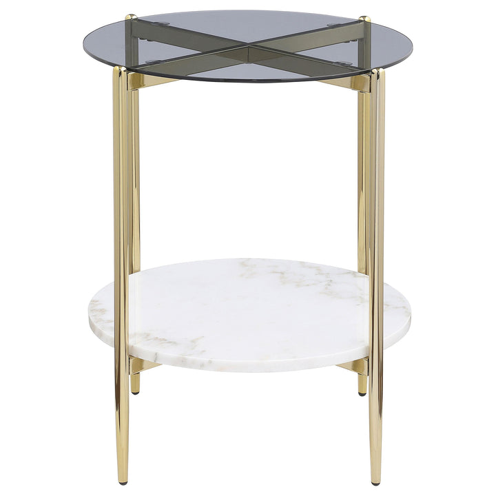 Coaster Furniture 710337 Jonelle Round Glass Top End Table White Marble Shelf Gold