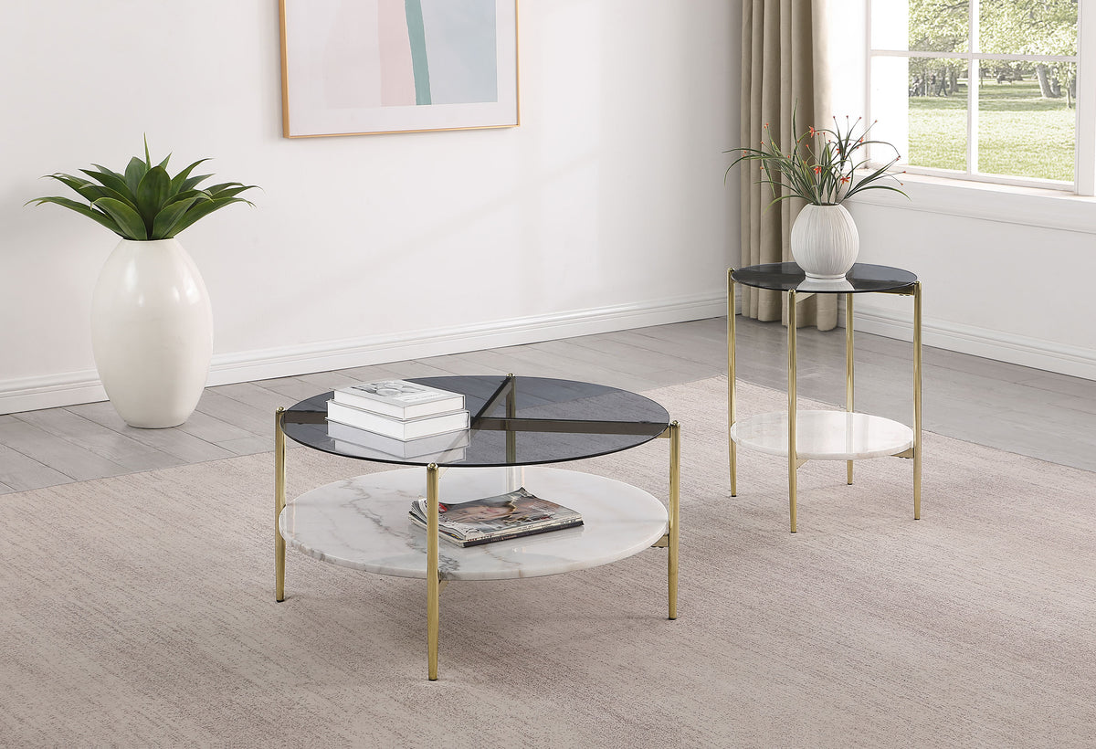 Jonelle - 2 Piece Round Coffee And End Table Set - Gold / Smoke