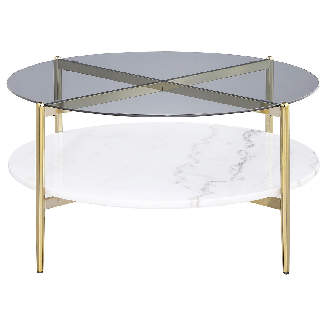 Coaster Furniture 710338 Jonelle Round Glass Top Coffee Table White Marble Shelf Gold