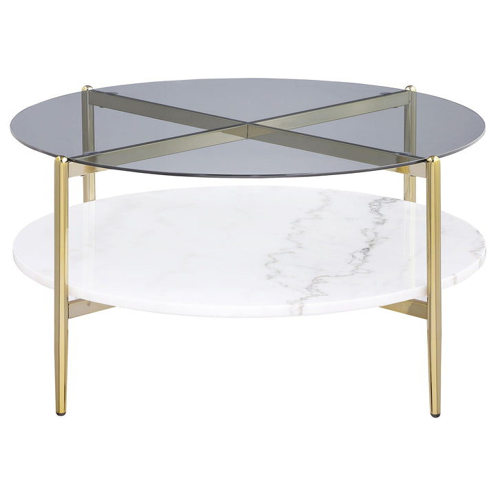 Coaster Furniture 710338 Jonelle Round Glass Top Coffee Table White Marble Shelf Gold