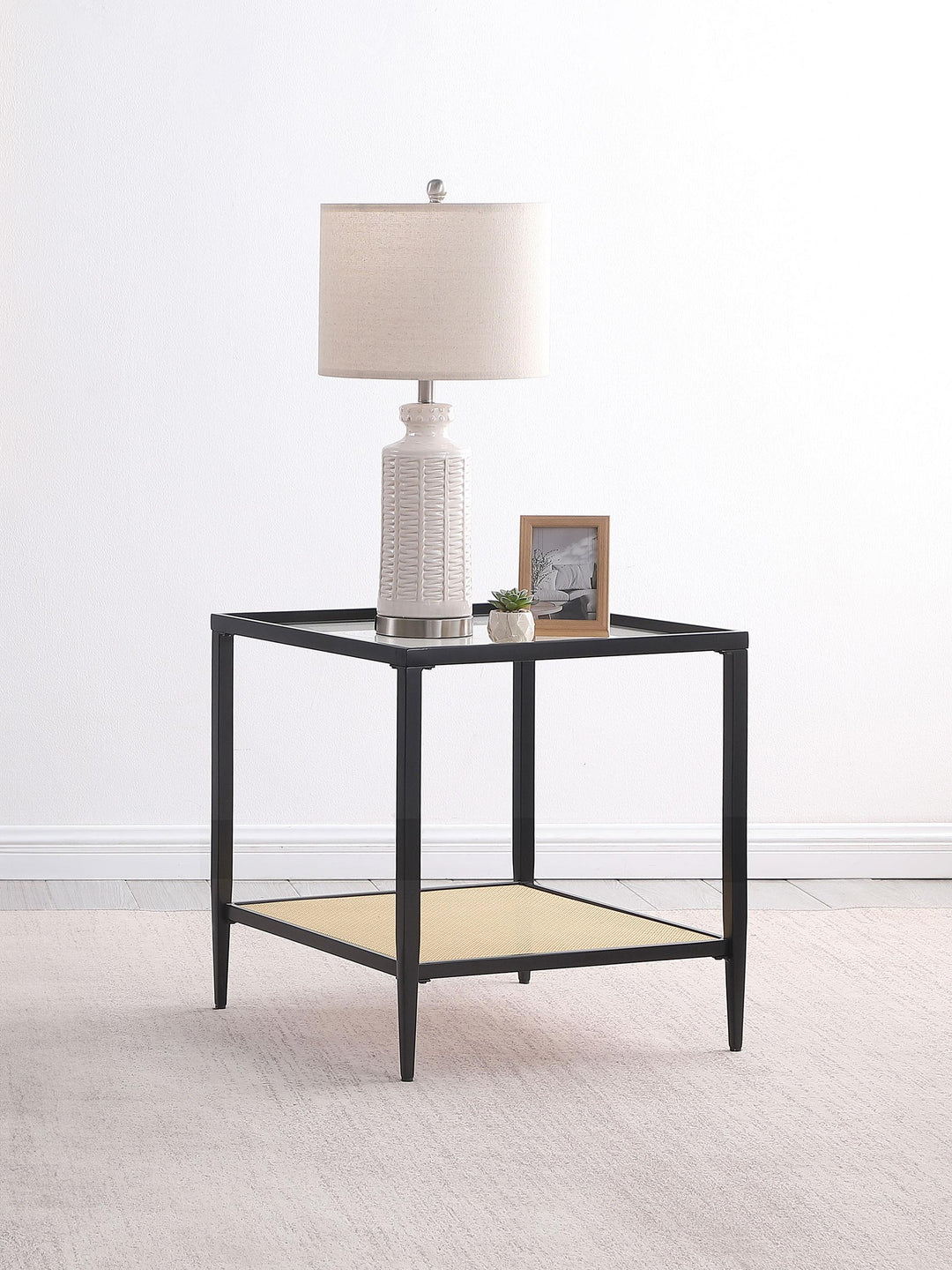Coaster Furniture 710657 Amherst Glass Top Metal with Cane Shelf End Table Black
