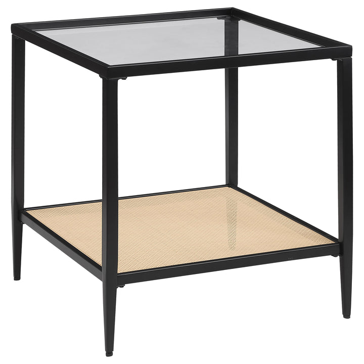 Coaster Furniture 710657 Amherst Glass Top Metal with Cane Shelf End Table Black