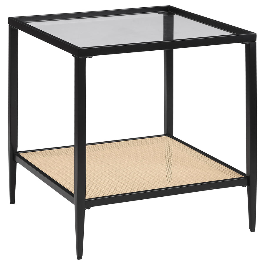 Coaster Furniture 710657 Amherst Glass Top Metal with Cane Shelf End Table Black