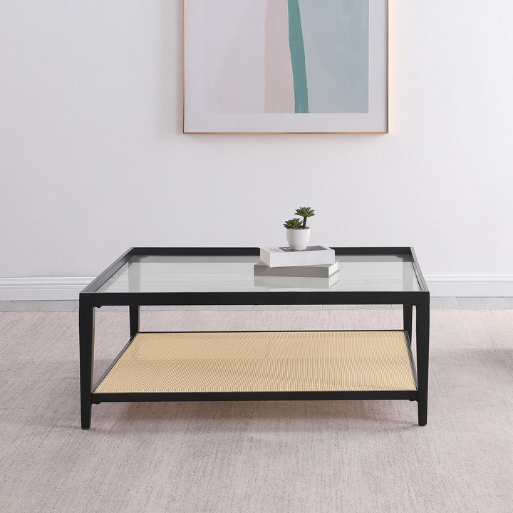 Coaster Furniture 710658 Amherst Glass Top Metal with Cane Shelf Coffee Table Black