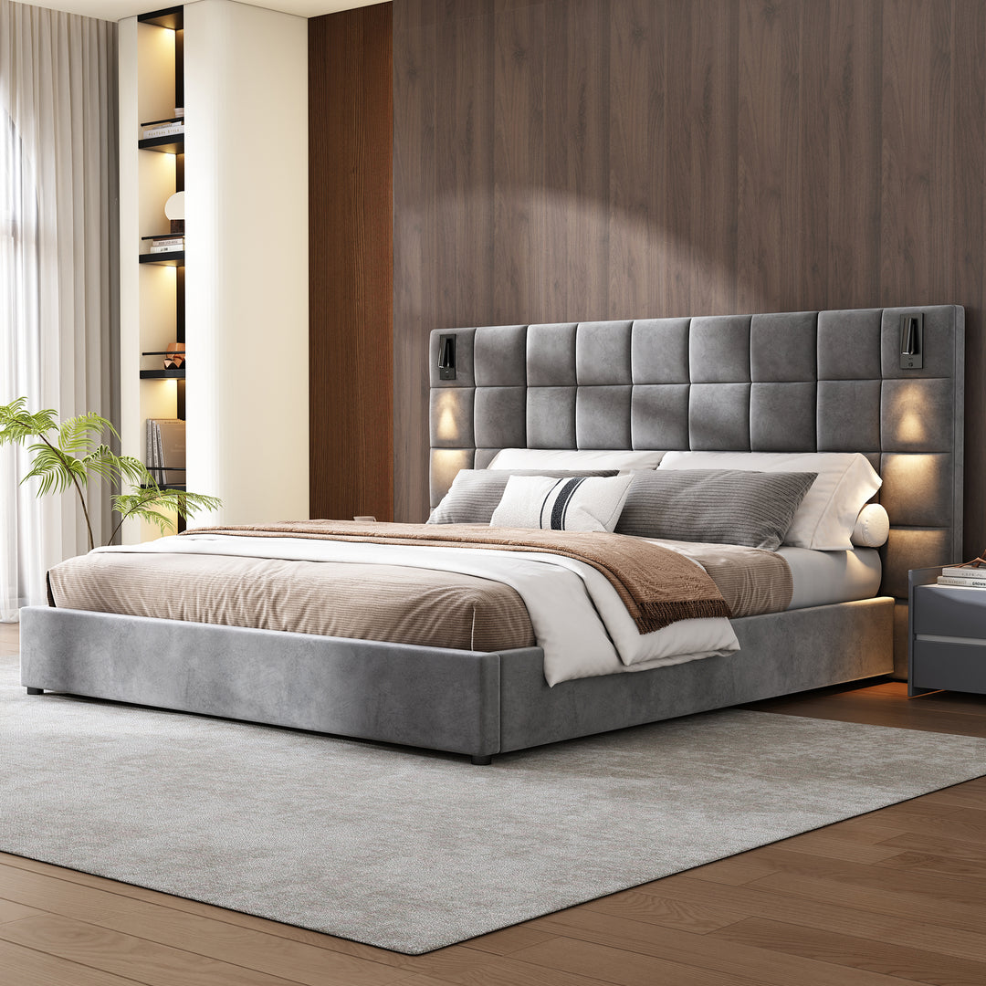 Velvet King Bed with Reading Lamp &amp; USB – Gray