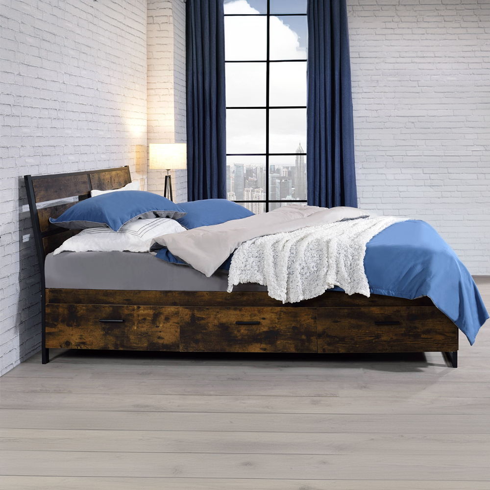 Juvanth - Queen Bed With Storage - Rustic Oak & Black