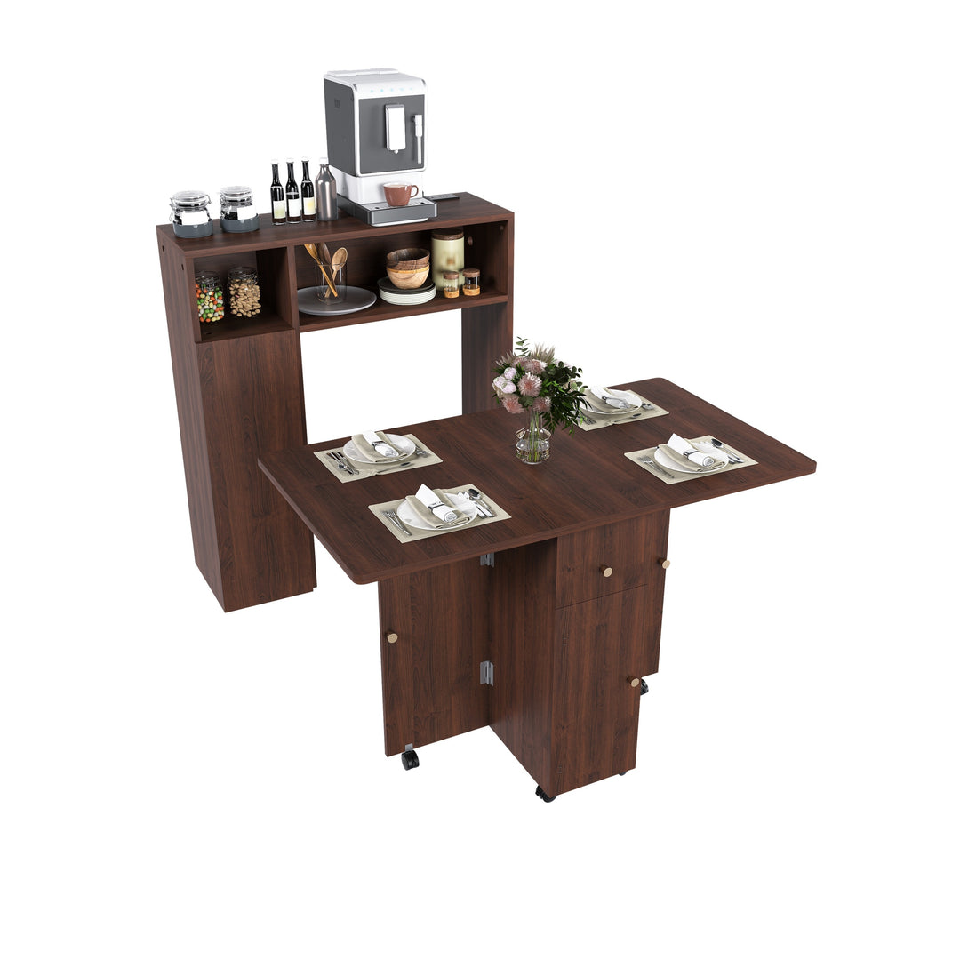 Folding Dining Table with Wall-Mounted Sideboard & Storage in Walnut