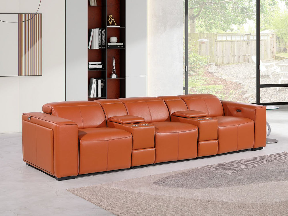 DivanItalia 1224 5-Piece Modular Power Reclining Sofa in Top Grain Italian Leather with 3 Power Recliners & Power Headrests - Camel