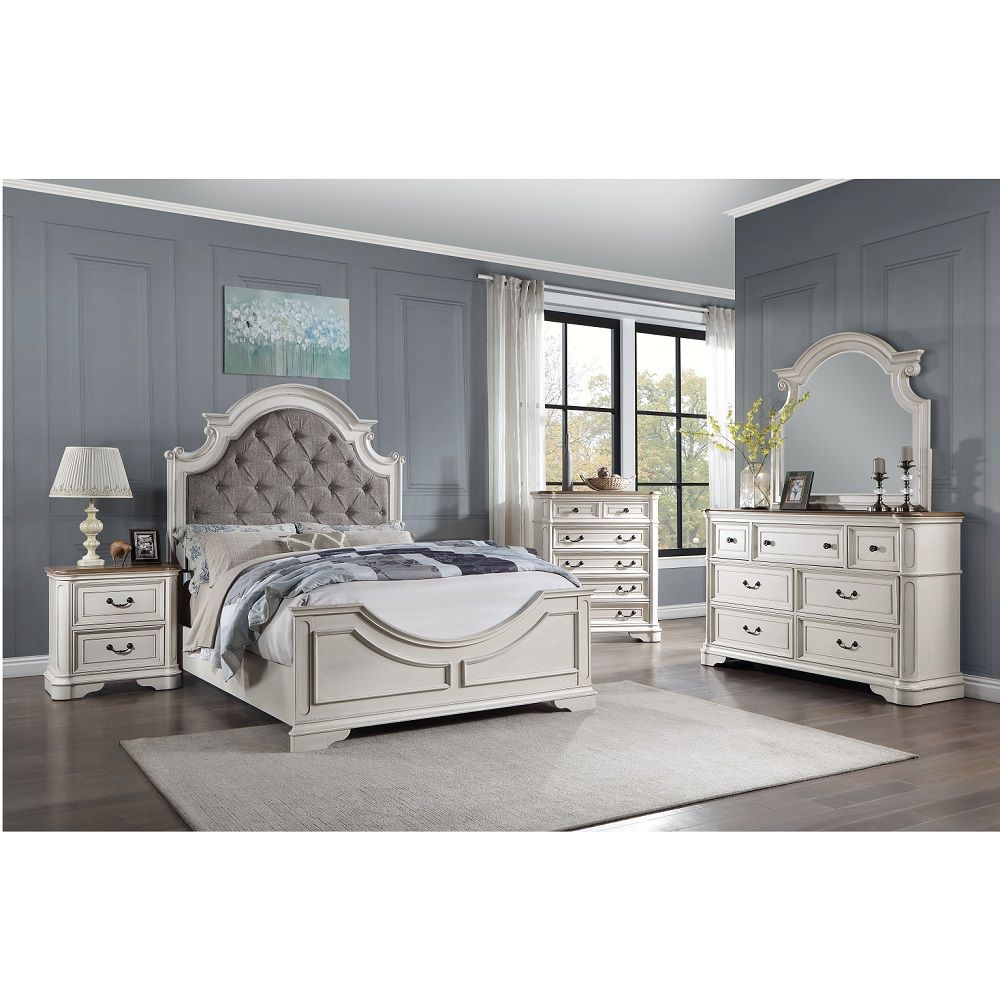 Florian - Eastern King Bed - Gray Fabric & Antique White