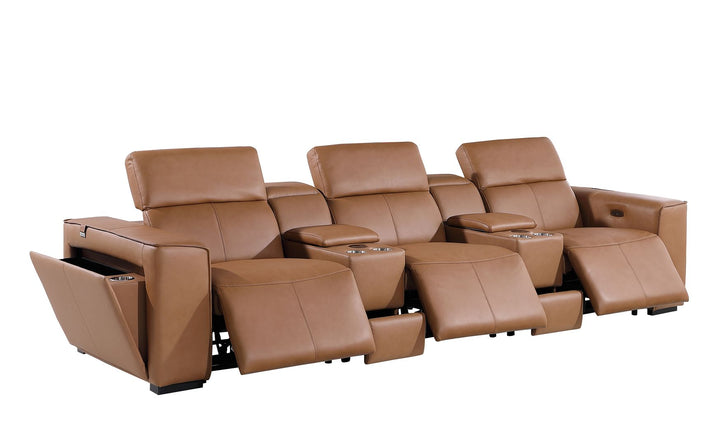 DivanItalia 1224 5-Piece Modular Power Reclining Sofa in Top Grain Italian Leather with 3 Power Recliners &amp; Power Headrests - Cognac