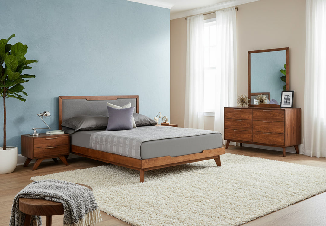 Soria Mid-Century Grey  and  Walnut Bed