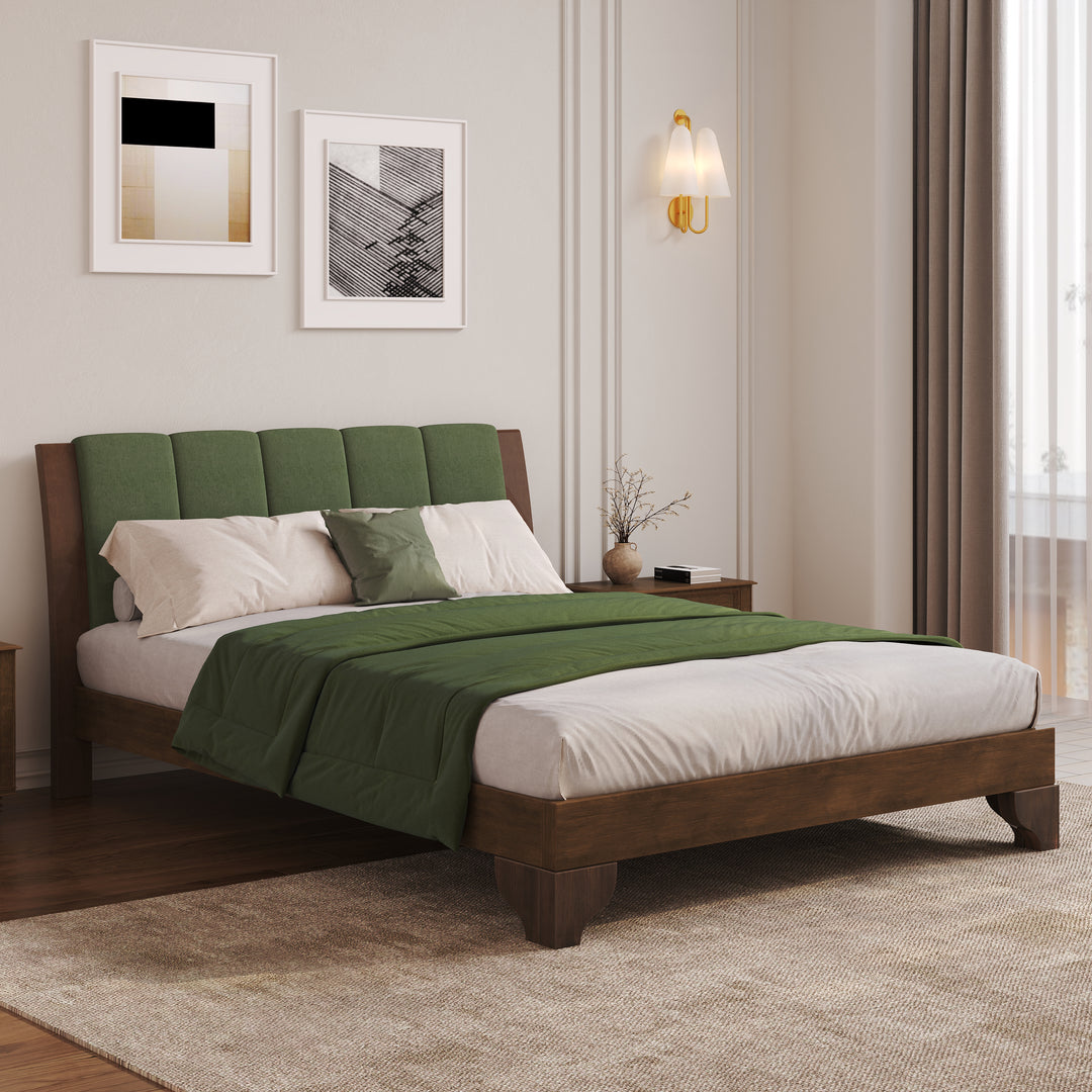 Mid-Century Pine Queen Bed – Walnut &amp; Green