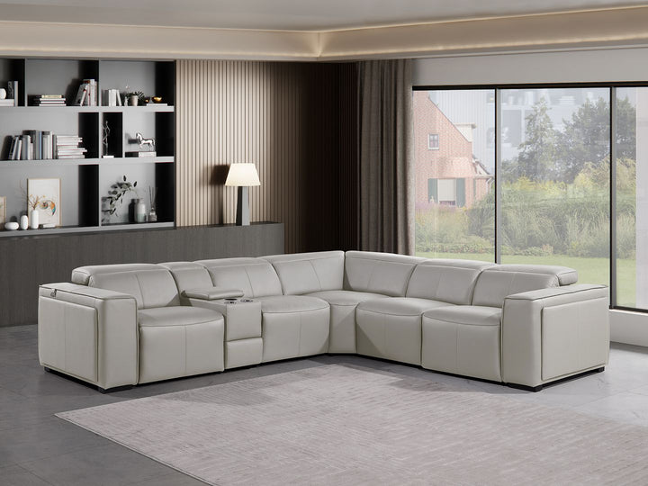 DivanItalia 1224 6-Piece L-Shaped Sectional Sofa in Top Grain Italian Leather with 3 Power Recliners &amp; Power Headrests - Light Gray