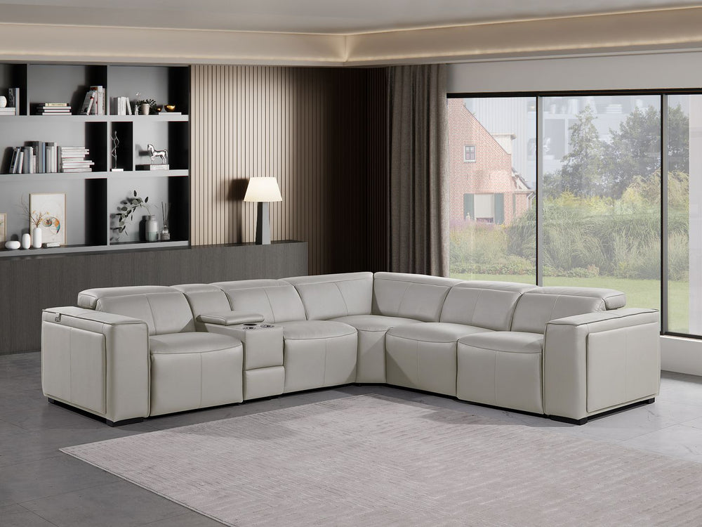 DivanItalia 1224 6-Piece L-Shaped Sectional Sofa in Top Grain Italian Leather with 3 Power Recliners & Power Headrests - Light Gray