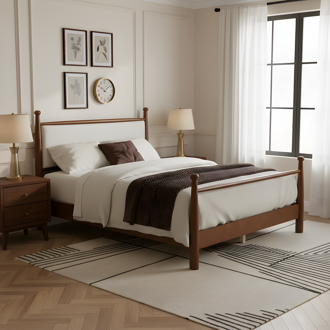 Poplar Wood Queen Bed – Beige &amp; Walnut
