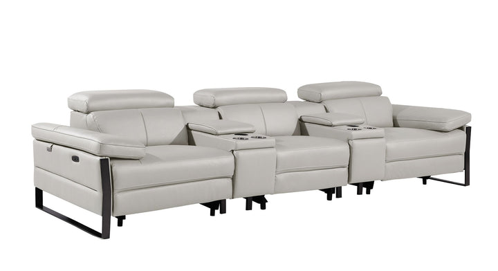 DivanItalia 1246 Modular Power Reclining Dual Console Sofa and Console Loveseat Set with Power Headrests – Top Grain Italian Leather - Light Gray